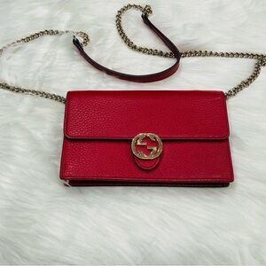 Gucci Interlocking GG Mini Crossbody in Red Pebbled Leather